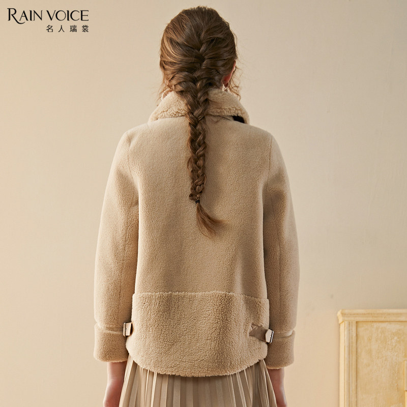 名人瑞裳2019冬新款蓝色颗粒绒大衣 名人瑞裳皮草