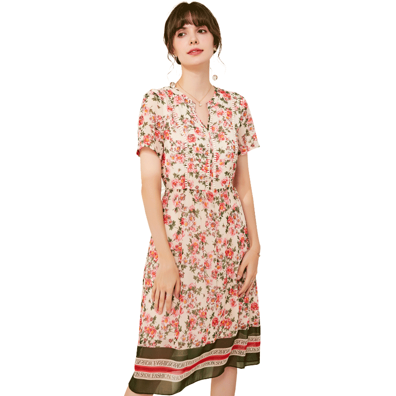 名人瑞裳2020新款夏天雪纺印花优雅 名人瑞裳连衣裙