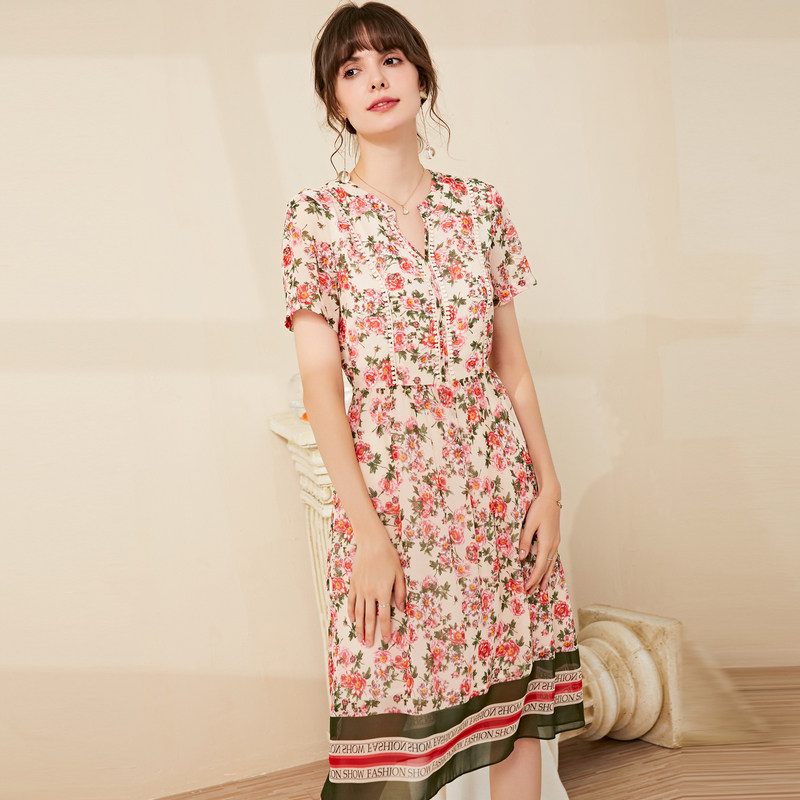 名人瑞裳2020新款夏天雪纺印花优雅 名人瑞裳连衣裙