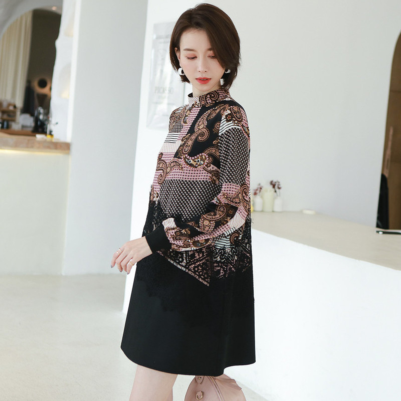 名人瑞裳2019春季雪纺拼接圆领宽松 名人瑞裳连衣裙