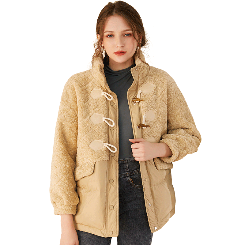 名人瑞裳冬季羊剪绒拼接新款羽绒服 名人瑞裳羽绒服
