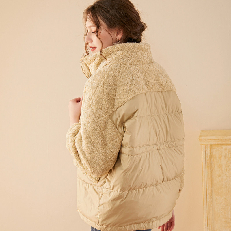 名人瑞裳冬季羊剪绒拼接新款羽绒服 名人瑞裳羽绒服