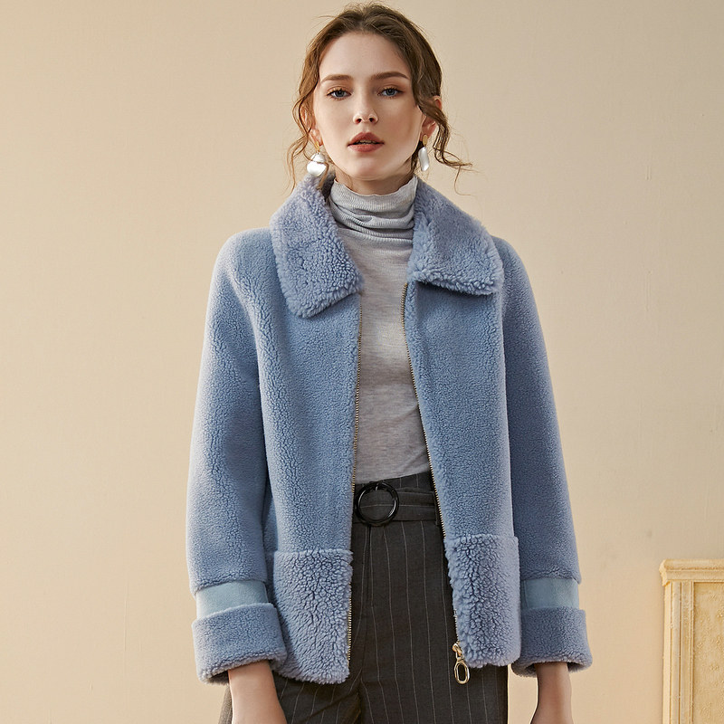 名人瑞裳2019冬新款蓝色颗粒绒大衣 名人瑞裳皮草