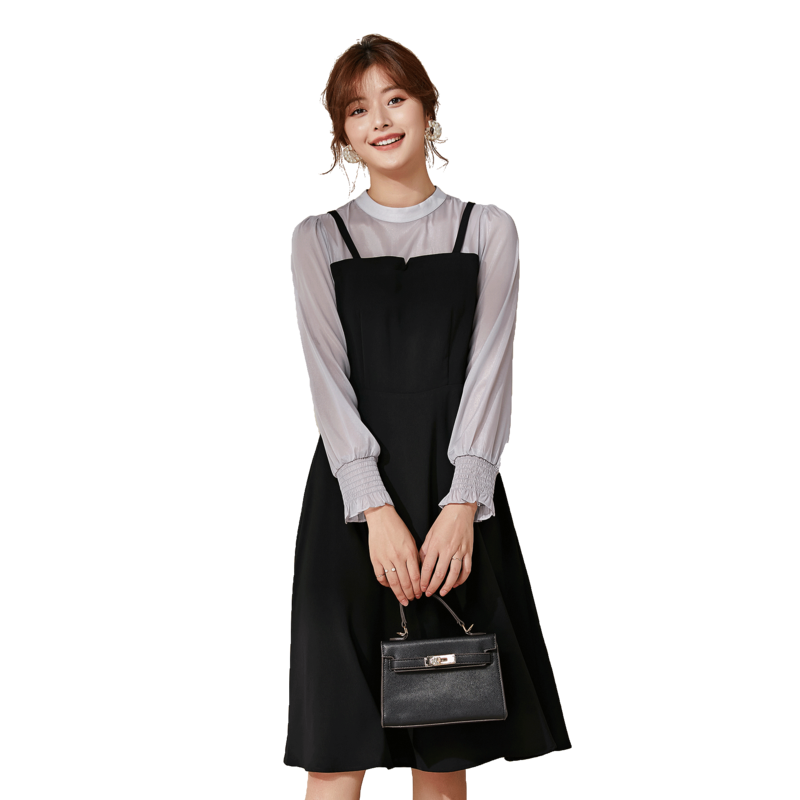 名人瑞裳假两件套2020新款秋连衣裙 名人瑞裳连衣裙