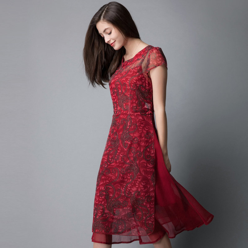 名人瑞裳夏装新款中式盘扣印花长裙 名人瑞裳连衣裙