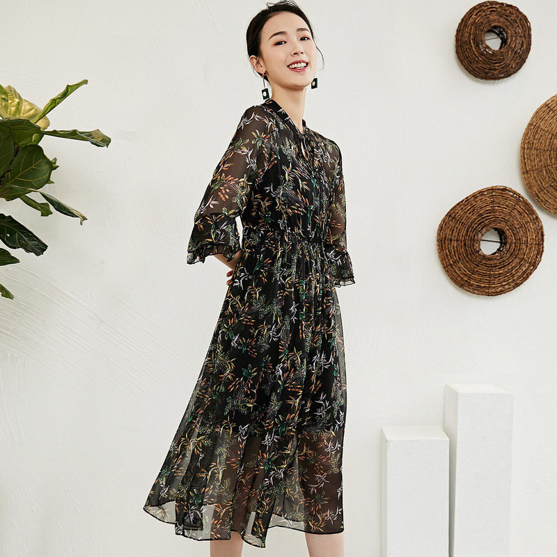 2018春季新款名人瑞裳ins雪纺长裙 名人瑞裳连衣裙