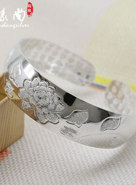 999银手镯女纯银镯子龙凤福字宽面牡丹花女款开口银镯送妈妈礼物
