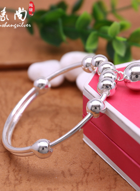 银手镯光面99纯银镯子女款日韩版足银简约时尚铃铛手镯送女友礼物
