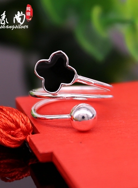 银戒指滴胶四叶草日韩版可调节