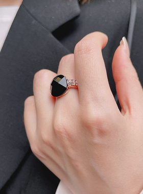 日韩风黑色百搭宝石学生戒指