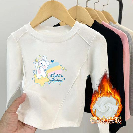 Girls' round neck velvet bottoming shirt 2025 autumn and winter new arc long-sleeved T-shirt children's baby warm tops