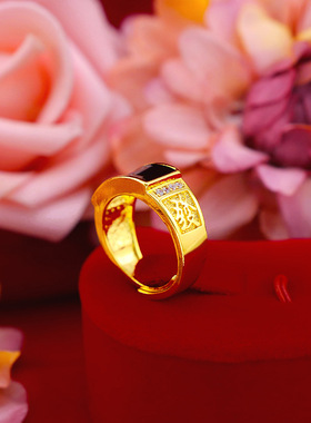 纯黄铜电镀24k金男款老板戒指 越南沙金金版宝石绿发戒指