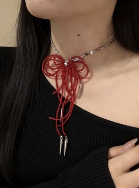 甜酷手工红色串珠蝴蝶结流苏项链个性时尚轻奢锁骨链新款