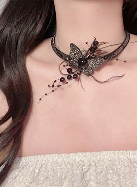 合金刀片链女性闪钻羽毛蝴蝶项链
