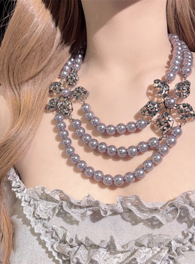 欧美夸张多层深灰色珍珠项链时尚女气质满钻花瓣毛衣链配饰