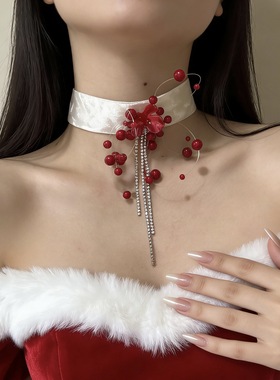红色花朵串珠流苏丝绒项圈choker小众项链女锁骨链