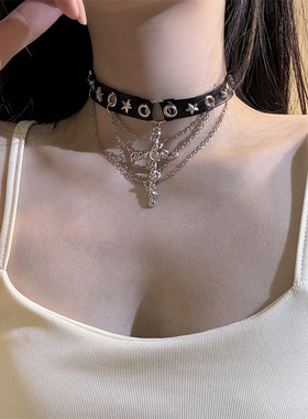 合金刀片链女性黑色皮革项链