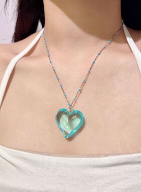 甜酷透明爱心吊坠项链彩色链条锁骨链日常配饰链