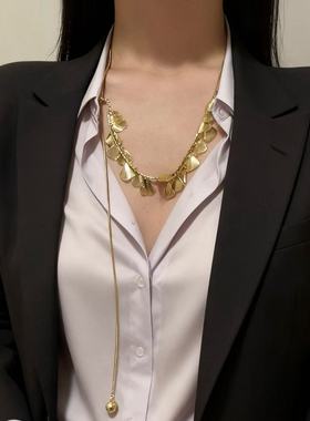 个性冷淡风树叶流苏抽拉项链小众设计感金属吊坠镂空毛衣颈链
