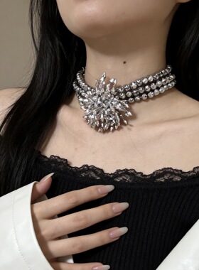 银灰色水晶烟花流苏花朵多层串珠项链女气质锁骨链颈链配饰