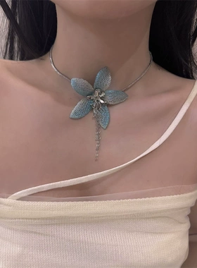 绿色渐变花朵流苏吊坠项链choker锁骨链女轻奢小众颈链海边配饰品
