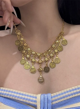 新中式民族风复古古风金属感流苏小众神秘感调节项链毛衣链