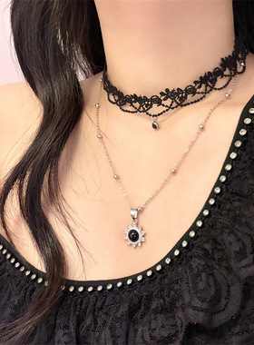 y2k辣妹风轻奢黑色系蕾丝叠戴太阳花吊坠项链脖颈链配饰潮
