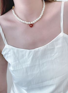 韩国气质时尚港风红色爱心吊坠珍珠项链配饰女锁骨链