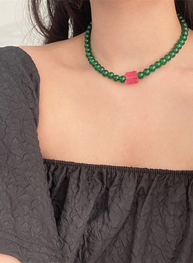 珠子串珠圆珠链女性绿色串珠项链