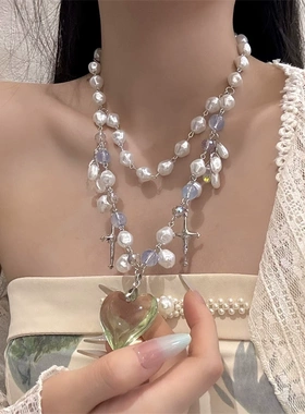 Y2K辣妹双层设计珍珠绿色爱心亚克力几何形吊坠项链颈链