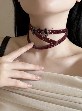 双圈酒红色复古波点choker皮带扣项圈女y2k千禧辣妹风颈带