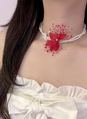 多层打结珍珠颈链暗黑项链女串珠红色水晶花朵项圈