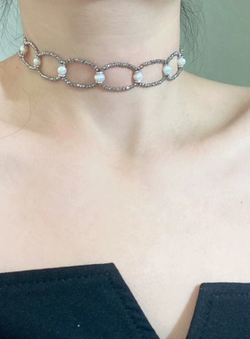 灰色水晶珍珠可调长款锁骨链