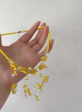 春夏甜美黄色花朵水晶串珠项链度假风氛围感锁骨链百搭颈链