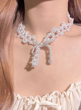 复古宫廷风蝴蝶结珍珠项链气质颈链