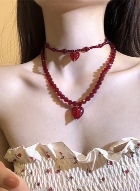合金锁骨链女性双层红色串珠项链