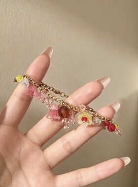 夏日手工串珠手链彩色琉璃水晶流苏手串小众设计颈链锁骨链女项链