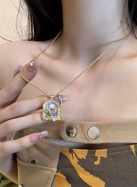 合金锁骨链女性紫色油画珍珠项链