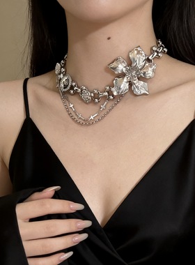 新款花朵钮扣流苏项链女甜酷朋克辣妹小众配饰choker锁骨链