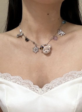 甜美暖绒毛球冰透爱心蝴蝶结项链女小众设计感植绒小熊个性锁骨链