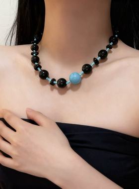 复古风撞色黑蓝色串珠项链女小众时尚大气百搭毛衣链配饰