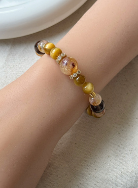 天然水晶虎眼石黄水晶黄塔晶手串小点位招米礼物手链 一物一拍