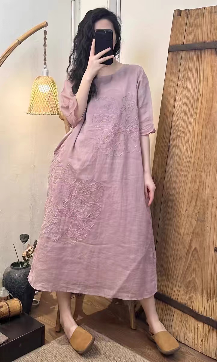 19258小莲~高端刺绣双层100%苎麻连衣裙宽松长裙百搭显瘦绣花裙女