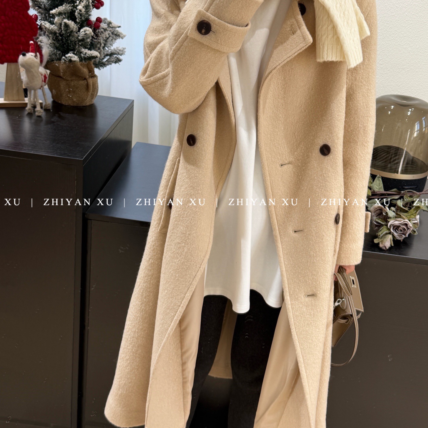 ZHIYAN XU 韩国冬季唯美温柔米色正肩双排扣长款毛呢大衣显瘦外套 - 图2