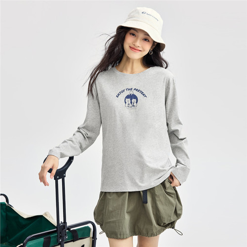 佐丹奴长袖T恤女2026年春新款纯棉猫咪主题印花圆领上衣13394794 - 图2