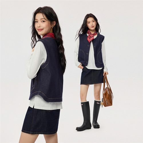 佐丹奴牛仔马甲女新款复古明线马夹女士圆领牛仔背心外套05375671 - 图3