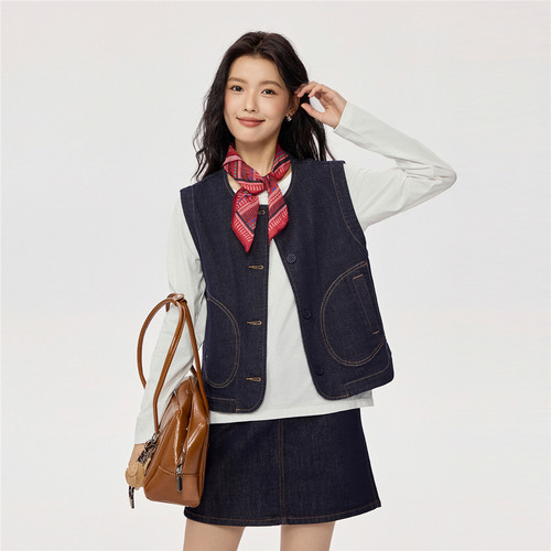 佐丹奴牛仔马甲女新款复古明线马夹女士圆领牛仔背心外套05375671 - 图2