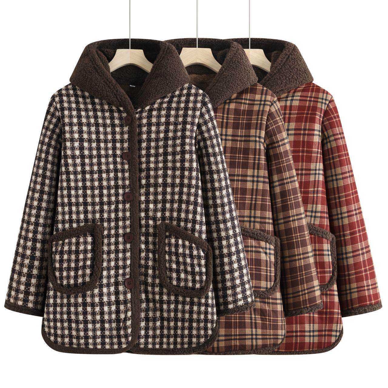 妈妈装棉衣女冬保暖加绒加厚中款洋气中老年宽松格子连秋冬帽棉袄,淘宝优惠券,粉丝福利购,淘宝优惠卷