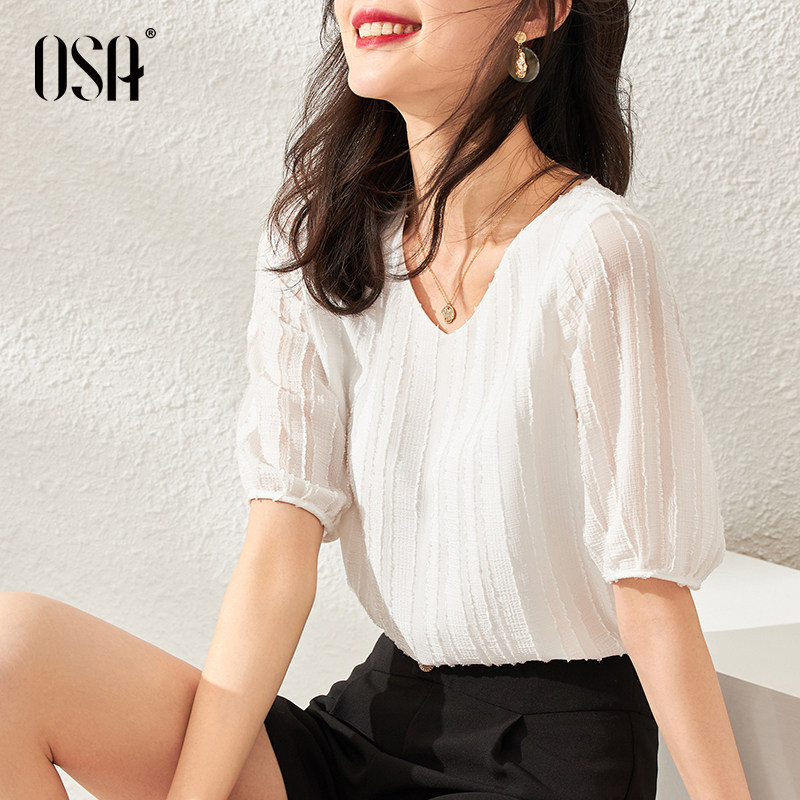 osa白色v领半袖2020夏季雪纺衫 osa品牌服饰蕾丝衫/雪纺衫