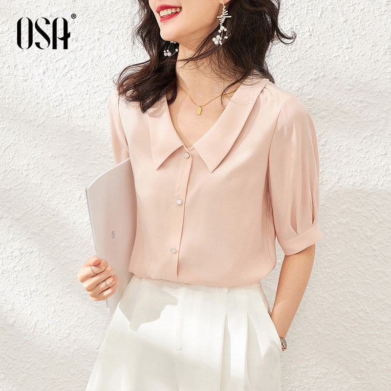 ol职业短袖雪纺设计感小众v领衬衫 osa品牌服饰衬衫
